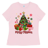 Bubblegum Pink merry christmas tree with gift box Ladies Tee - MaliasSmallBusiness