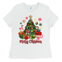 White merry christmas tree with gift box Ladies Tee - MaliasSmallBusiness