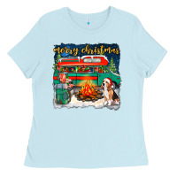 Baby Blue Merry Christmas with camper van Ladies Tee - NancyCooperArtShop