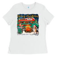 White Merry Christmas with camper van Ladies Tee - NancyCooperArtShop
