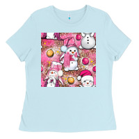 Baby Blue Pink Christmas cute snowman Ladies Tee - NancyCooperArtShop