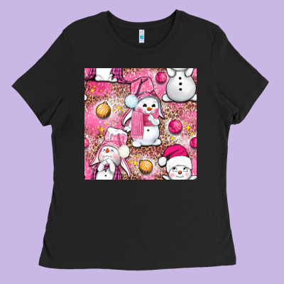 Pink Christmas Cute Snowman Ladies Tee Designed By Nancycooperartshop