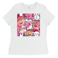 White Pink Christmas cute snowman Ladies Tee - NancyCooperArtShop