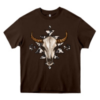 Chocolate Brown bull skull with aztec Heavy Core Tee - MaliasSmallBusiness