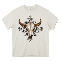 Cream bull skull with aztec Heavy Core Tee - MaliasSmallBusiness