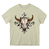 Mossy bull skull with aztec Heavy Core Tee - MaliasSmallBusiness