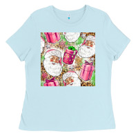 Baby Blue Pink Christmas Santa Claus and gift box Ladies Tee - NancyCooperArtShop