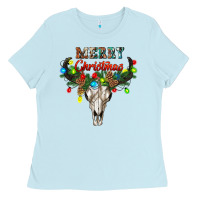 Baby Blue merry christmas bull skull Ladies Tee - RanaPortraitStore