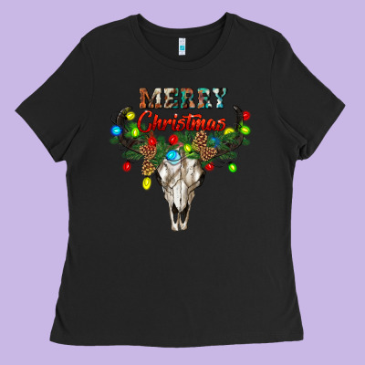 Merry Christmas Bull Skull Ladies Tee Designed By Ranaportraitstore