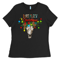 Black merry christmas bull skull Ladies Tee - RanaPortraitStore