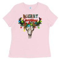 Bubblegum Pink merry christmas bull skull Ladies Tee - RanaPortraitStore