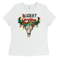 White merry christmas bull skull Ladies Tee - RanaPortraitStore