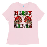Bubblegum Pink Merry Christmas skeleton hands boobs Ladies Tee - NancyCooperArtShop