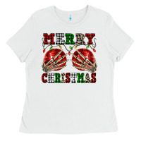White Merry Christmas skeleton hands boobs Ladies Tee - NancyCooperArtShop