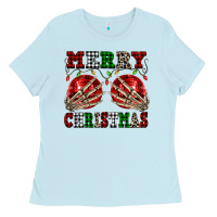 Baby Blue Merry Christmas skeleton hands boobs Ladies Tee - NancyCooperArtShop