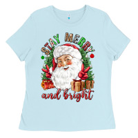 Baby Blue Stay Merry and bright Christmas with santa Ladies Tee - NancyCooperArtShop