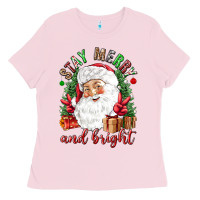 Bubblegum Pink Stay Merry and bright Christmas with santa Ladies Tee - NancyCooperArtShop