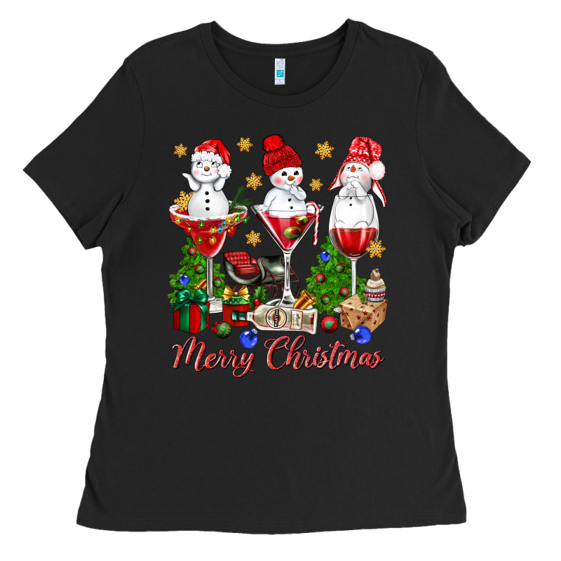 Merry Christmas Wine And Cocktails Ladies Tee by NancyCooperArtShop | Teevron