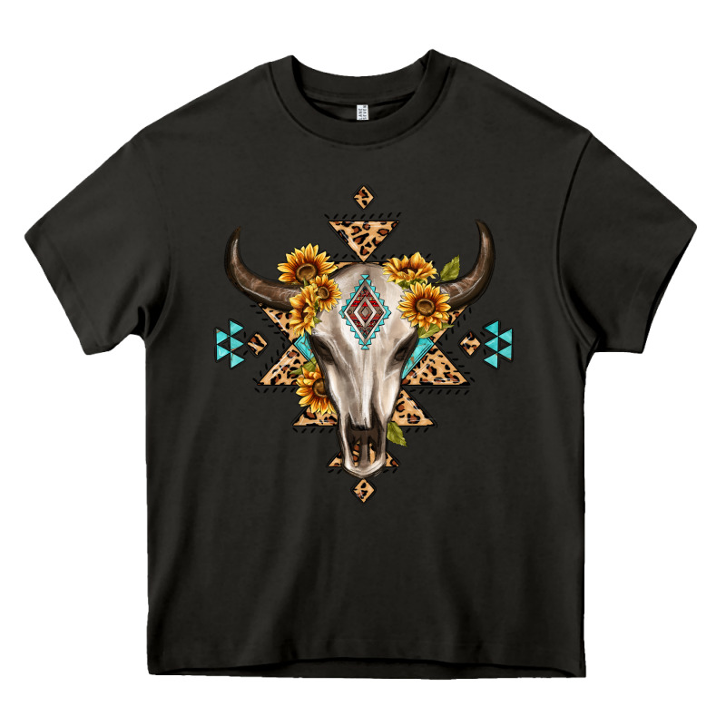 Bull Skull With Aztec Sunflower Leopard Heavy Core Tee by MaliasSmallBusiness | Teevron