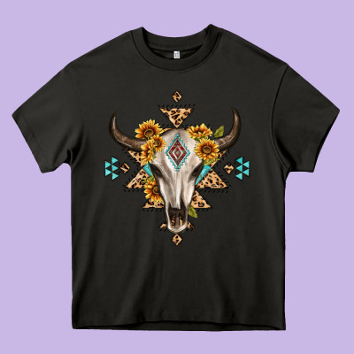 Bull Skull With Aztec Sunflower Leopard Heavy Core Tee Designed By Maliassmallbusiness