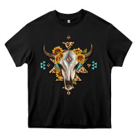 Black bull skull with aztec sunflower leopard Heavy Core Tee - MaliasSmallBusiness