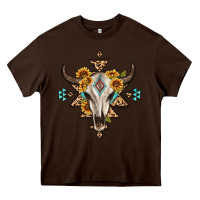 Chocolate Brown bull skull with aztec sunflower leopard Heavy Core Tee - MaliasSmallBusiness