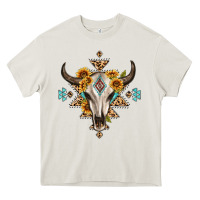 Cream bull skull with aztec sunflower leopard Heavy Core Tee - MaliasSmallBusiness