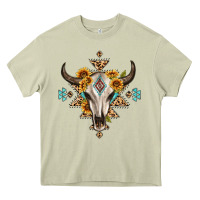 Mossy bull skull with aztec sunflower leopard Heavy Core Tee - MaliasSmallBusiness