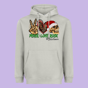 Peace Love Rock Christmas Heavyweight Hoodie Designed By Cowhidedigitalart
