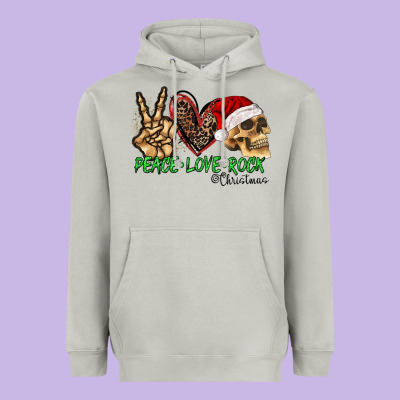 Peace Love Rock Christmas Heavyweight Hoodie Designed By Cowhidedigitalart