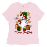 Bubblegum Pink Snowman Merry Christmas Ladies Tee - NancyCooperArtShop