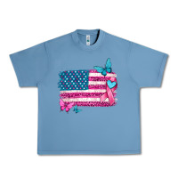 Pebble Blue american flag breast cancer with ribbon Urban Heavy Tee - texasbilliewilder