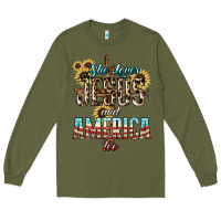 Army Green She loves Jesus and America too sunflower Long Sleeve Tee - HowdyJamesFarm