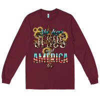 Burgundy She loves Jesus and America too sunflower Long Sleeve Tee - HowdyJamesFarm