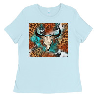 Baby Blue Western with bull skull Ladies Tee - NancyCooperArtShop