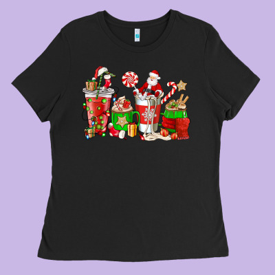 Santa Coffee Cups Ladies Tee Designed By Nancycooperartshop