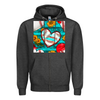 Charcoal Heather baseball hearts and sunflowers with turquoise gemstone seamless patter Zipper Hoodie - BundleAndBundleShop