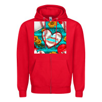 Red baseball hearts and sunflowers with turquoise gemstone seamless patter Zipper Hoodie - BundleAndBundleShop
