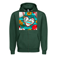 Sports Green baseball hearts and sunflowers with turquoise gemstone seamless patter Zipper Hoodie - BundleAndBundleShop