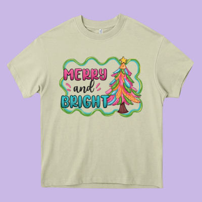 Merry And Bright Christmas Tree Heavy Core Tee Designed By Maliassmallbusiness