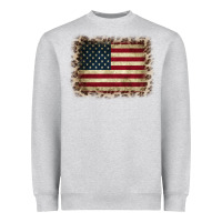 Heather Grey America Flag and Leopard Heavyweight Sweatshirt - CowCowDesign