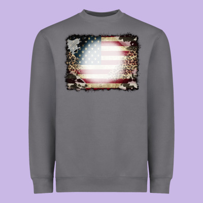 American Flag Cowhide Leopard Bleach Effect Heavyweight Sweatshirt Designed By Cowcowdesign