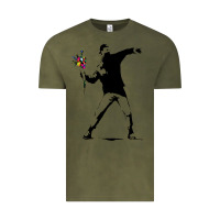 Vintage Olive banksy protester throwing flowers Vintage Tee - lanVoArt
