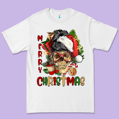Merry Christmas Skeleton Messy Bun Premium Tee Designed By Nancycooperartshop