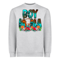 Heather Grey Boy Mama Flowers Cow Heavyweight Sweatshirt - CowCowDesign