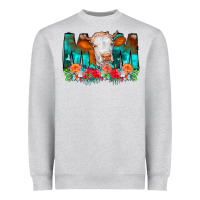 Heather Grey Cow Mom Turquoise Tooled Leather Flowers Heavyweight Sweatshirt - CowCowDesign
