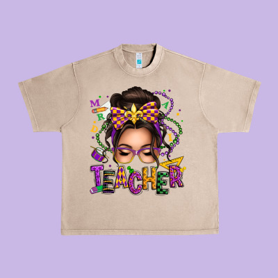Mardi Gras Teacher Caucasian Messy Bun Urban Heavy Tee Designed By Texasbilliewilder