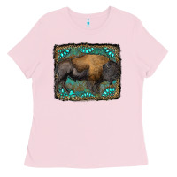 Bubblegum Pink bison with gemstone background Ladies Tee - RanaPortraitStore