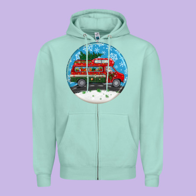 Santa Claus With Retro Van  Christmas Ornament Zipper Hoodie Designed By Bundleandbundleshop