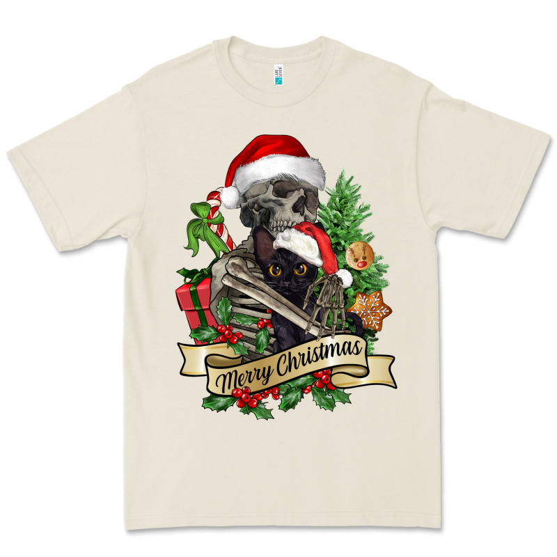 Merry Christmas Skeleton With Black Cat Premium Tee by NancyCooperArtShop | Teevron
